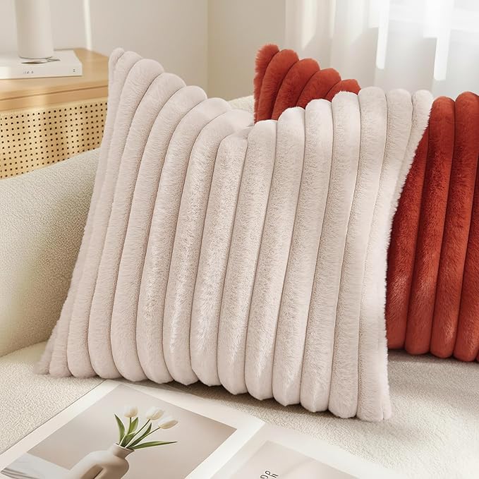 decorUhome Summer Cozy Faux Fur Throw Pillow Covers 22x22 Set of 2 Decorative Soft Plush Striped Modern Farmhouse Boho Couch Euro Sham Pillow Cases with Velvet Back for Sofa Bed Living Room, Beige