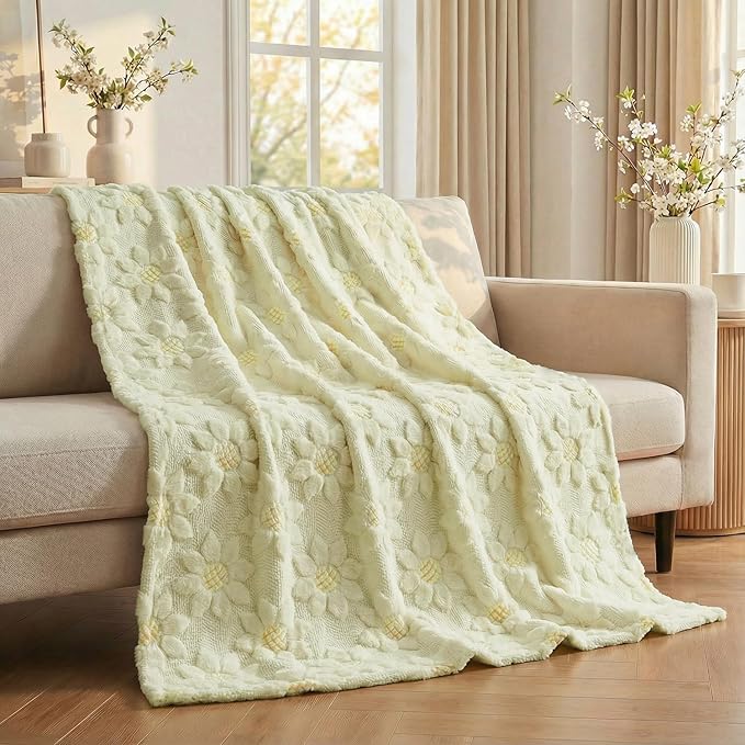 Horaldaily Spring Summer Blanket Throw, Beige Sunflower Soft Fuzzy Plush Faux Fur Cozy Blankets for Couch Sofa Bed Lounging, Ideal Gifts for Kids Adults Wife Self, 60x80