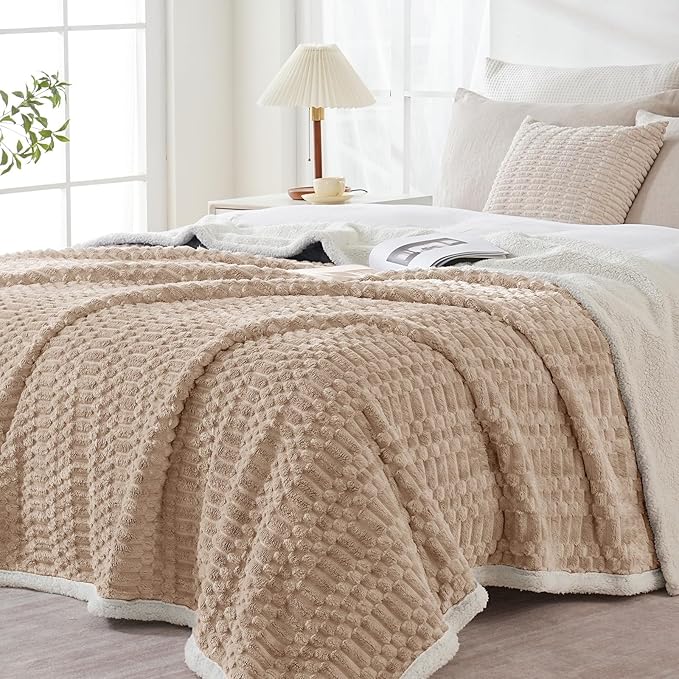 Sherpa Throw Blanket for Couch Flannel Cozy Soft Thick Blanket Warm Twin Blanket for Bed Fleece Home Decor Gifts, Z01 - Beige, 60"*80"