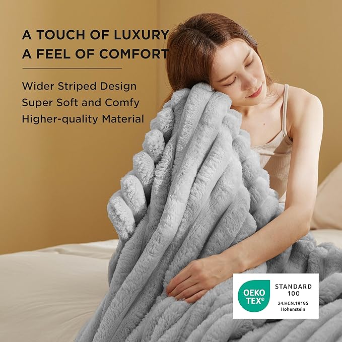 Bedsure Throw Blanket for Couch - 350GSM Super GentleSoft Fuzzy Fluffy Cozy Fleece Blankets for Women, Cute Small Plush Throws for Girls, Light Grey, 50x60 Inches, Wider Striped Design