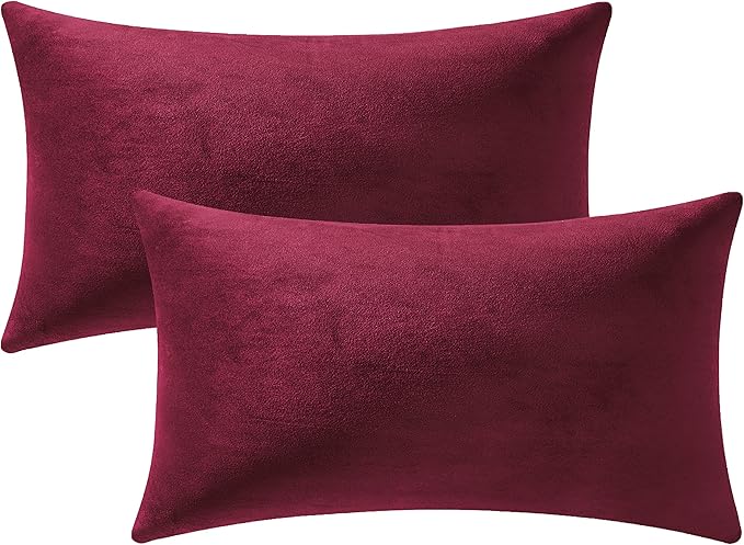 DEZENE Lumbar Pillow Covers 12x20 Burgundy: Pack of 2 Cozy Soft Velvet Rectangular Modern Luxury Decorative Throw Pillow Cases for Christmas Sofa Couch Living Room Bed Home Decor