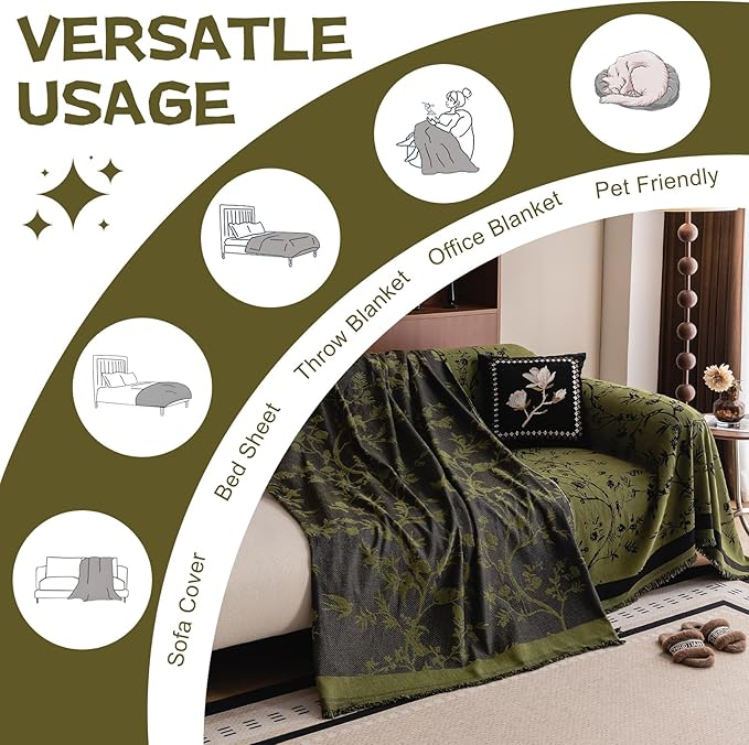 HANDONTIME Couch Cover for Dogs Washable Bird Floral Pattern Slipcovers for Couches and Sofas Green Sofa Covers with Black Jacquard Flower Chenille Couch Cover Blanket Pet Friendly, 71" X 134"