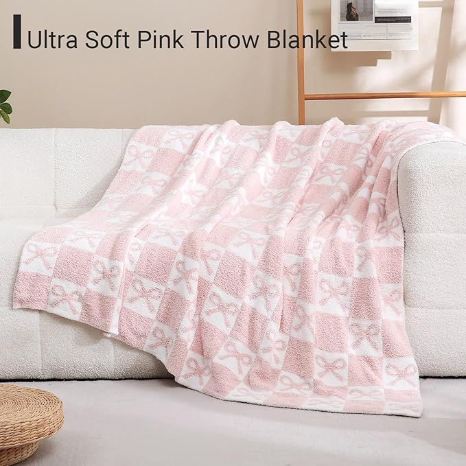 YIRUIO Pink Checkered Knit Throw Blanket with Bow Pattern for Women Daughter 50x60 Ultra Soft Microfiber Reversible,Fluffy Fuzzy Cozy Throw for Bed, Sofa & Couch Home Decor