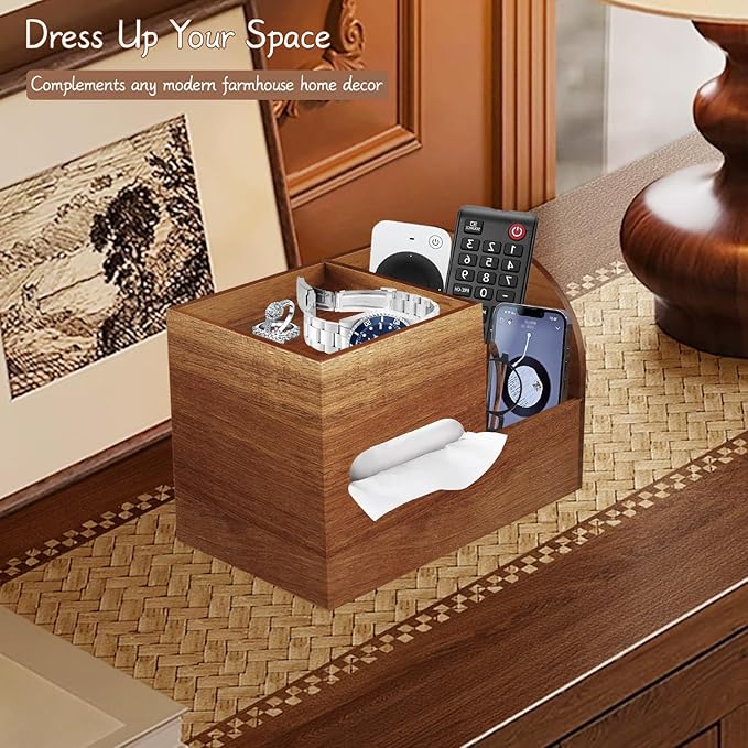 Tissue Box Cover Square, Acacia Wood Tissues Cube Box Holder with Storage Tray, Multifunctional Remote Control Holder Organizer for Bathroom, Vanity Countertop, Nightstand, Farmhouse Decor