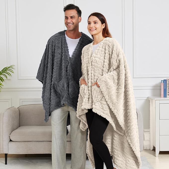 Wearable Blanket Sherpa Fleece Shawl Blanket with Pockets Blanket Poncho Cape for Adults, Cozy Shawl TV Throw Blankets