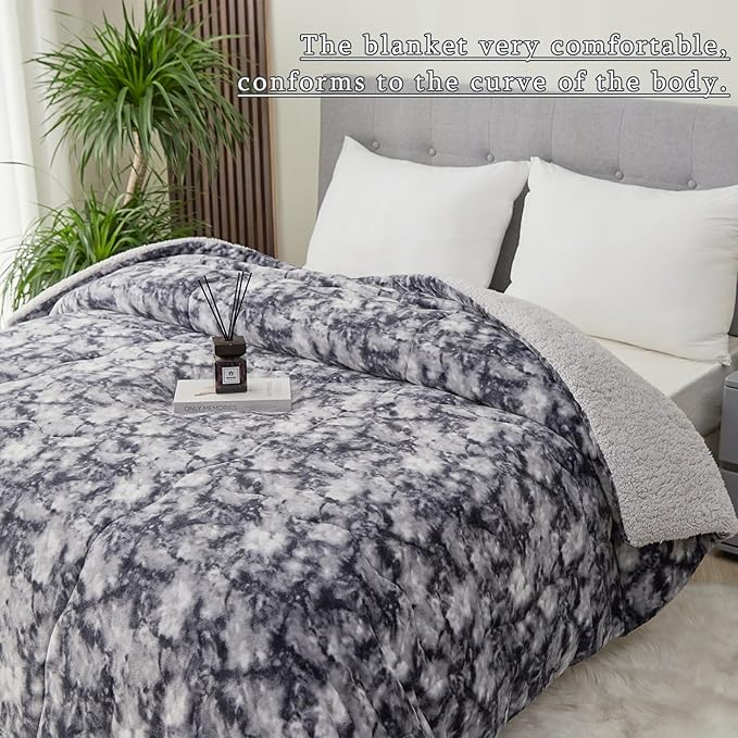 CHOSHOME Sherpa Fleece Throw Blanket- Thick and Warm Blanket for Winter, Soft Fuzzy Plush King Size Comforter for Bed - (90" x 108", Tie Dye Grey)