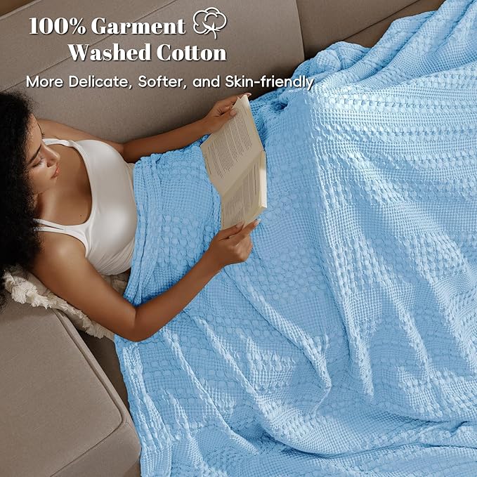PHF 100% Cotton Waffle Weave Blanket King Size for Bed, Soft Lightweight & Breathable for Spring and Summer, All-Season Comfort, Luxury Aesthetic Blanket for Home Decor, 108"x90", Airy Blue