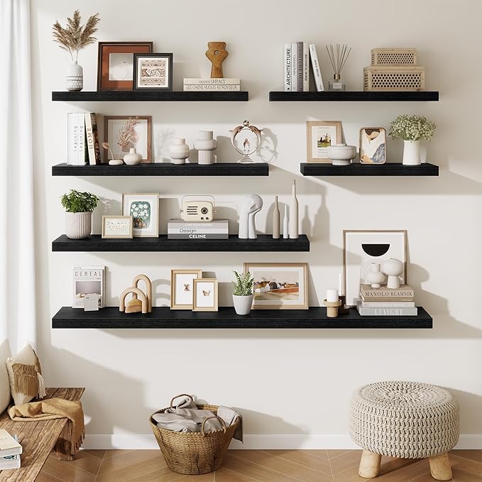 Fun Memories Floating Shelves for Wall, 30 Inch Long Floating Shelves Set of 2, 30 x 10 Wooden Shelves for Wall, Large Storage Shelves, Hanging Shelves for Bathroom Kitchen Bedroom, Black