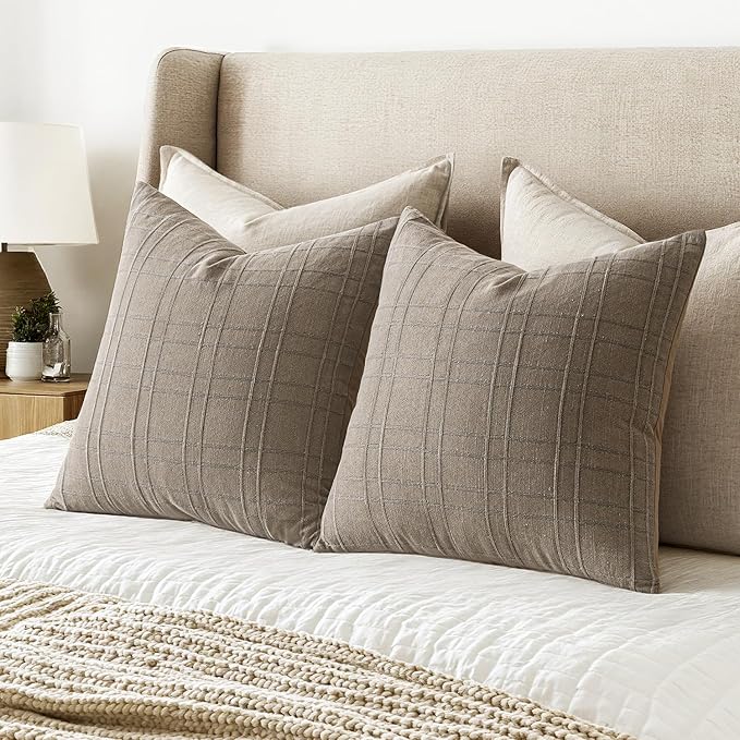 MIULEE Decorative Linen Check Euro Shams Throw Pillow Covers Neutral Farmhouse Vintage Pillow Covers 24x24 Set of 2 Boho Modern Winter Home Decor for Sofa Couch Bedroom Cushion Tan Taupe