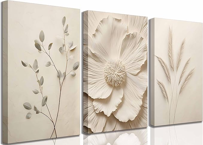 3Pcs Neutral Beige Floral Plant Canvas Wall art Textured Flower Botanical Painting Picture Wall Decor Vintage Blossom Poster Prints for Living Room Bedroom Bathroom Decoration
