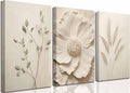 3Pcs Neutral Beige Floral Plant Canvas Wall art Textured Flower Botanical Painting Picture Wall Decor Vintage Blossom Poster Prints for Living Room Bedroom Bathroom Decoration
