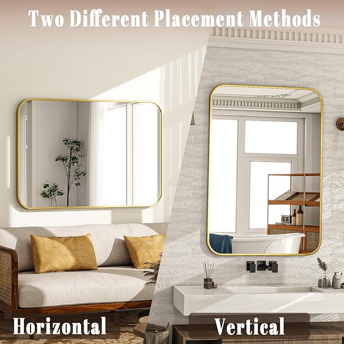 26×38 Inch Bathroom Mirror - Wall Mounted Vanity Mirror with Round Corner Aluminum Alloy Frame, Hanging Horizontally Vertically for Living Room, Bedroom, Hallway as Home Decor, Gold