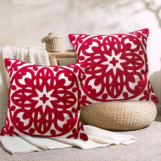 Alysheer Christmas Red Embroidered Decorative Throw Pillow Covers 18"x18" Set of 2, Cozy Warm Boho Mandala Knit Patterned Durable Cotton Canvas Cushion Cases for Sofa Couch Living Room Xmas Decor