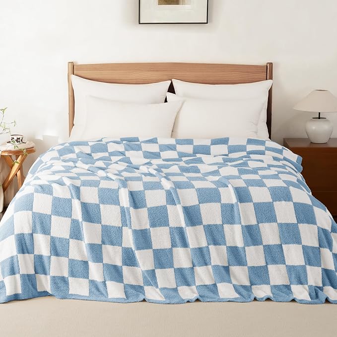 Whale Flotilla Checkered Knit Blanket Queen Size, Ultra Soft Warm Reversible Cozy Decorative Blankets for Couch Sofa and Bed, 90x90 Inch, Light Blue