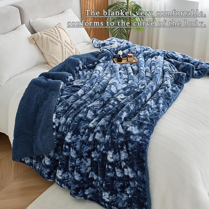 CHOSHOME Sherpa Fleece Blanket- Thick Warm Blanket for Winter, Soft Fuzzy Plush Blanket for Bed, Couch, Travel (Tie Dye Blue, Cal King 96" x 102")