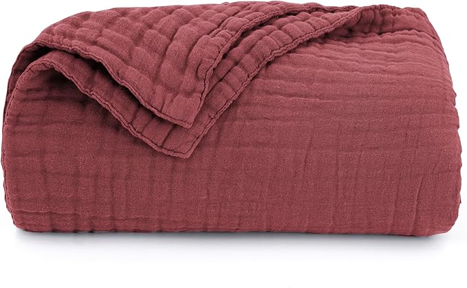 Love's cabin 100% Cotton Muslin Blanket, 6 Layer Lightweight Breathable Gauze Throw Blanket 50 x 60 Inches, Soft All Season Blanket for Couch, Bed, Sofa, Wine Red