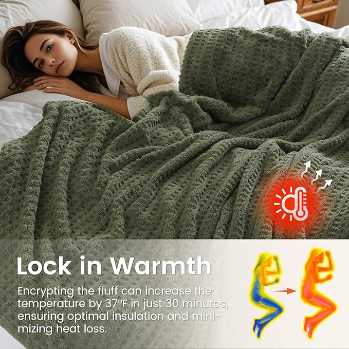 David's Home Ultra Soft Fleece Blanket Twin Size for Bed, Plush Shaggy Fluffy 3D Jacquard Waffle Throw for Couch, Warm Lightweight for Fall Winter,Fuzzy Aesthetic Room Decor,66x90 inches,Dark Olive