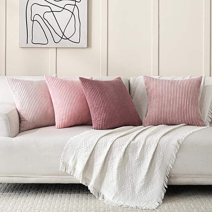 Volcanics Set of 4 Pink Corduroy Decorative Couch Throw Pillow Covers 18x18 Inch, Valentine's Day Farmhouse Striped Cushion Cases, Soft Boho Square Accent Pillow Covers for Home Sofa