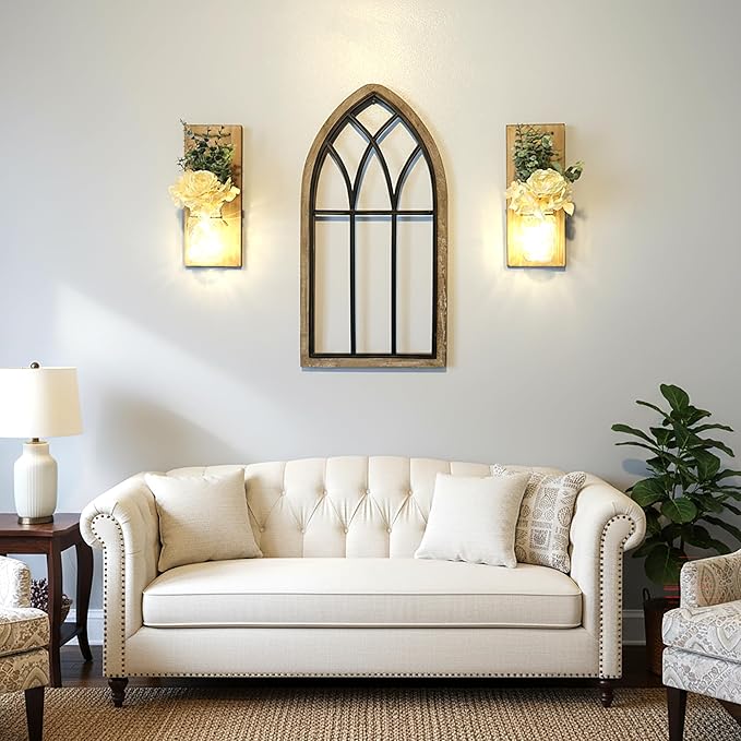 Besuerte Wall Hangings for Living Room, Rustic Home Decor, Farmhouse Bedroom Decor, Wall Decor Living Room with Led Fairy Lights & Rose Flowers, Wall Art Set of 2, XL Jacobean