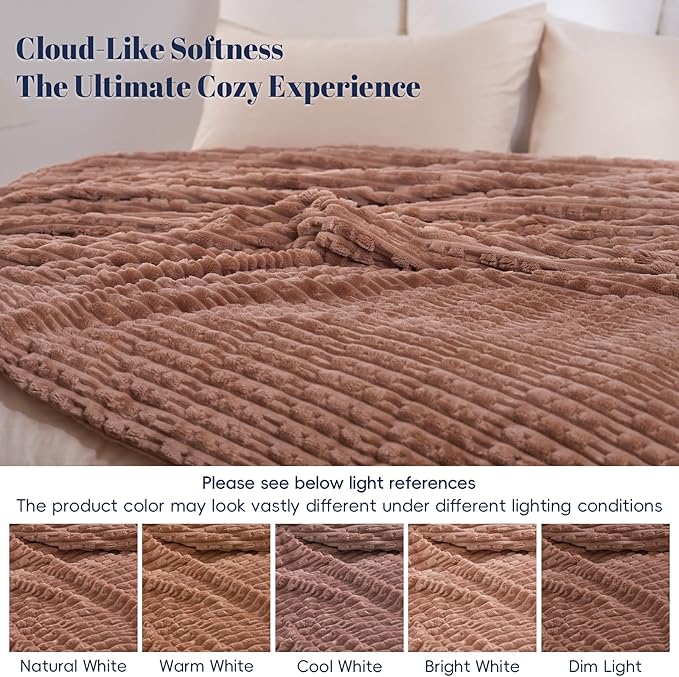 PHF Ultra Soft Flannel Fleece Blanket Queen Size, Lightweight 3D Jacquard Fleece Blanket, No Shedding, No Pilling, Luxury 340GSM Aesthetic Fluffy Cozy for Bed Room Decor, 90"x90", Mocha Mousse