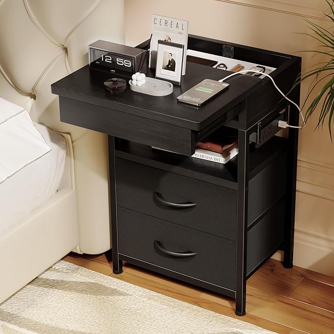 Nightstand Hidden Drawer Charging Table - Night Stand with Charger Station and Sliding Top Storage, Morden Bedside Table with 2 Fabric Drawers, for Dorm Living Room Bedroom, Black