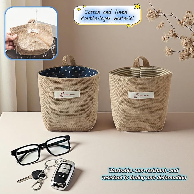 Machine Washable Hemp Cotton Hanging Organizer for Door, Wall & Bedside. Space Saving Storage Pockets, Heavy Duty 15lb Anti-Slip Design for Home & Office (Blue dot)