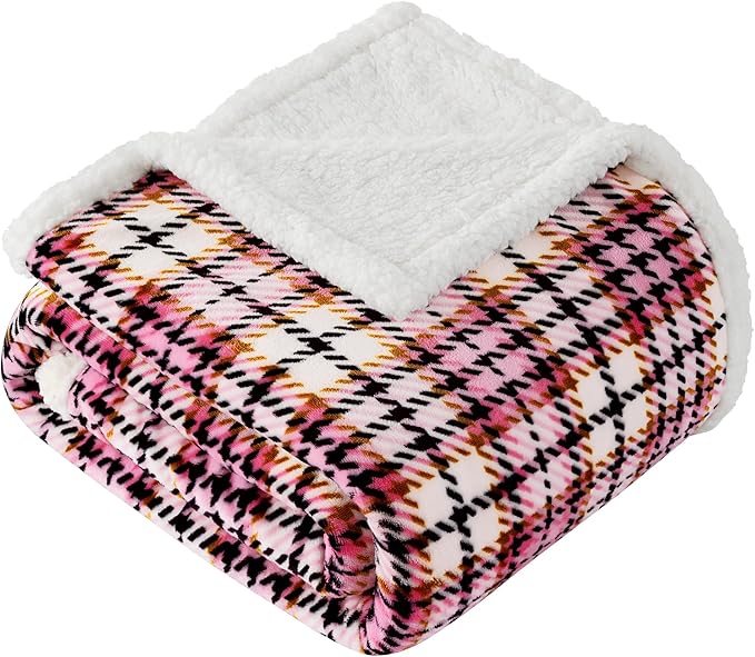 Touchat Sherpa Plaid Throw Blanket, 60" X 70" Fuzzy Fluffy Cozy Soft Blanket, Fleece Flannel Plush Twin Size Microfiber Blanket for Couch Bed Sofa, Black&Pink