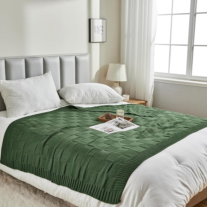 CozeCube Check Knit Throw Blanket, Christmas Green Checkered Bedroom Blanket for Couch, Soft Cozy Warm Knitted Blanket for Bed Sofa Living Room, Decorative Spring Fall Throw Blanket, 50"X60"