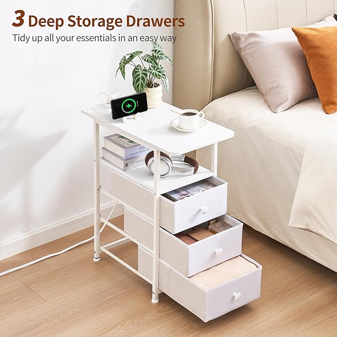 Narrow End Table with Charging Station, Narrow Side Table with 3 Fabric Drawers, Slim Nightstand with LED Light, Small Table with Storage, Living Room, Bedroom, White HKET1303WT
