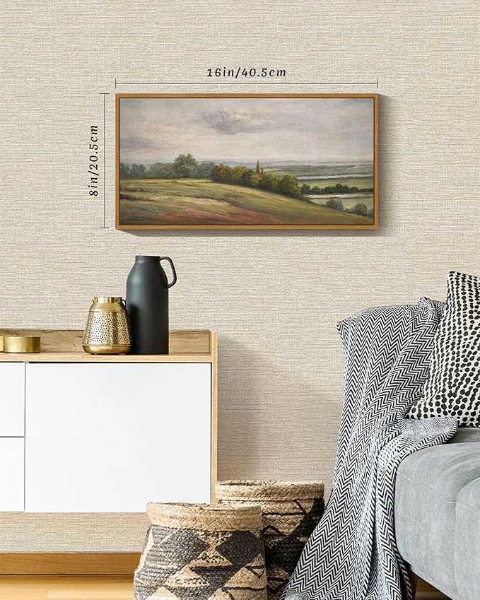 SHENIFY Vintage Framed Wall Art White Clouds Over Vast Grassland Landscape Painting Retro Meadow Scenery Farmhouse Kitchen Living Room Decor - 8x16in Natural Framed