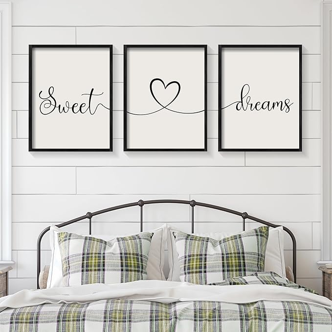 Ronasip Sweet Dreams Wall Decor for Bedroom Set of 3 Framed Wall Art for Farmhouse Rustic Home Master Bedroom Decor (11”x14”, Black)