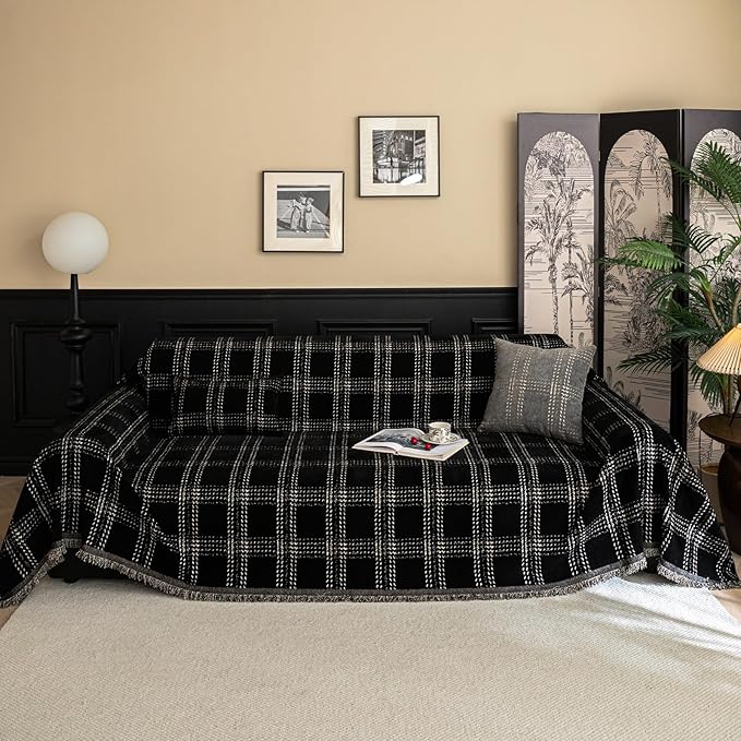 HANDONTIME Checkered Sofa Cover Washable, White Plaid Couch Slipcover Geometric Pet Couch Cover for Dogs Chenille Durable Couch Covers for 3 Cushion Couch Sofa Pet Friendly (Black, 71"x150")