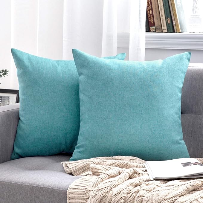 MIULEE Pack of 2 Decorative Outdoor Solid Waterproof Throw Pillow Covers Faux Linen Garden Farmhouse Coastal Cushion Cases for Summer Patio Tent Balcony Couch Sofa 20x20 Inch Turquoise