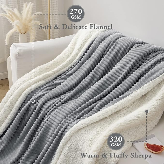 LBRO2M Striped Sherpa Fleece Bed Blanket Twin Size, Super Soft Fuzzy Plush Warm Cozy Fluffy Microfiber Couch Throw Velvet Double Reversible Luxurious Blankets (65x90),Grey