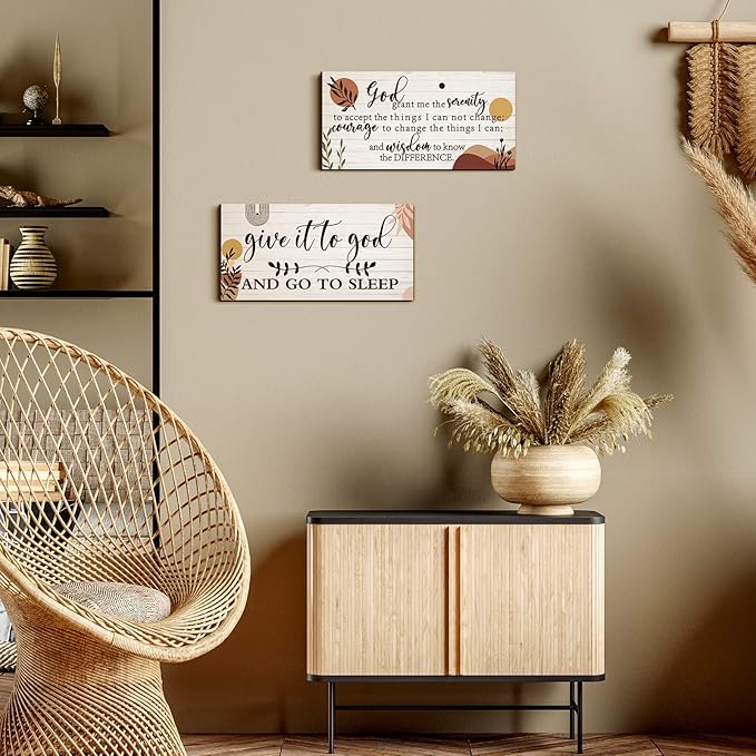 Chunful 2 Pcs Give It to God and Go to Sleep Sign Above Bed Wall Decor Serenity Prayer Sign Prayer Wall Art Rustic Farmhouse Vintage Bedroom Decor for Home(Boho Style)