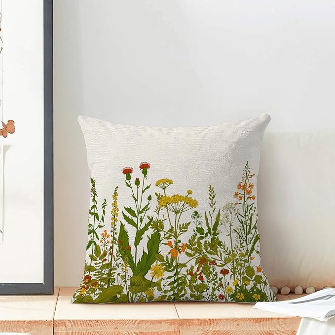 AEIOAE Yellow and Green Pillow Covers 18x18 Inch Set of 2, Spring Wildflower Plant Throw Pillows Case,Seasonal Floral Outdoor Decorative Flowers Farmhouse Decor Cushion Covers for Home Sofa Bed Couch