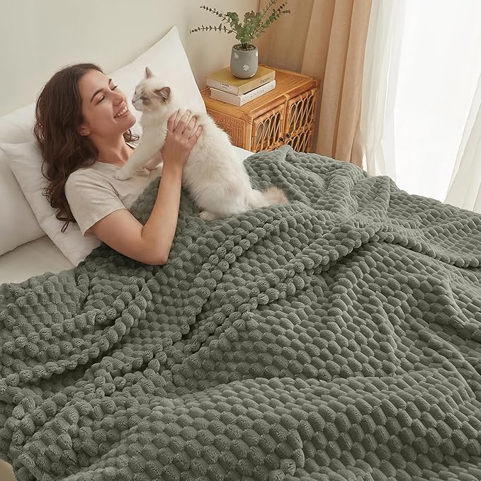 PHF Ultra Soft Flannel Fleece Blanket Twin Size, Lightweight 3D Jacquard Fleece Blanket, No Shedding, No Pilling, Luxury 340GSM Aesthetic Fluffy Cozy Bedding for Bed Room Decor, 66"x90", Dusty Sage