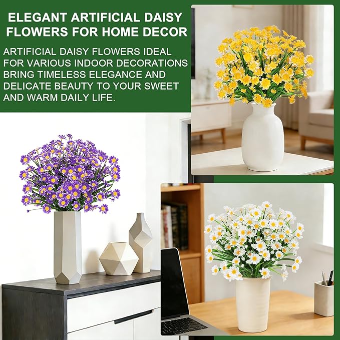 12 Bundles Artificial Daisy Flowers for Outdoors Summer Decor, UV Resistant No Fade Fake Flowers Faux Plastic Greenery Shrub Plants for Hanging Planter Home Gardens Porch Cemetery Décor(Mix 4 Colors)