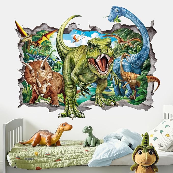 decalmile 3D Dinosaur Wall Stickers Break Through Large Dino Jungle Dinosaur Wall Decals Boys Room Baby Nursery Kids Bedroom Wall Decor