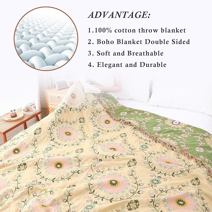 Snycler Boho Throw Blanket 80"x90" - 100% Cotton Ultra Soft Rustic Quilt, Green Floral Printed Farmhouse Decor for Bed, Sofa, Couch, Chair - All Season Cozy Blanket