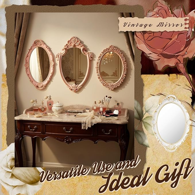 3 Styles Vintage Mirrors Set Decorative Oval Wall Mirror Small Antique Mirrored Tray Decorative Retro Hanging Mirror for Bathroom Bedroom Jewelry Organizer Victorian Decor(Pink)