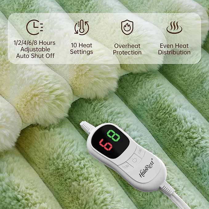 Heated Throw Blanket, Faux Fur Cozy Heating Blanket with Overheat Protection, 1/2/4/6/8 Hours Auto-Off 10 Heat Level, Machine Washable (72x84 I Inches, Tie-Dye Green)