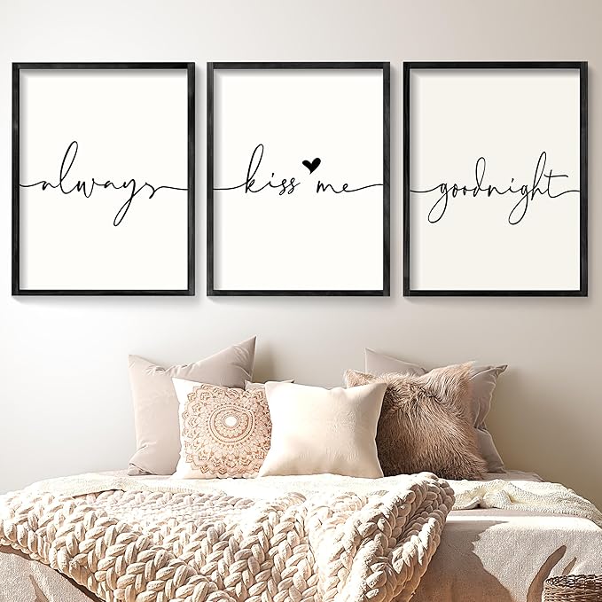 Houmury Set of 3 Framed Wall Art Always Kiss Me Goodnight Farmhouse Sign Bedroom Wall Decor for Master Bedroom Decor Wood Signs (Black, 16"x24")