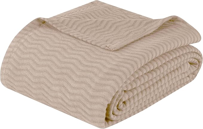 Superior JENA Cotton Blanket, for Picnic, Beach, Traveling or Camping, Bedroom Decor, Essentials, Cover for Bed, Couch, Lounging, Textured Jacquard, Modern Chevron Woven Blanket, Full/Queen, Khaki