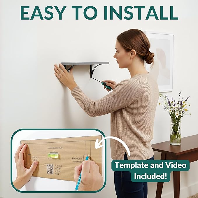 Reinforced Steel Bracket Grey Wall Shelves - Easy to Install, Template and Video Included - Grey Shelf for Wall, Gray Shelf for Bathroom