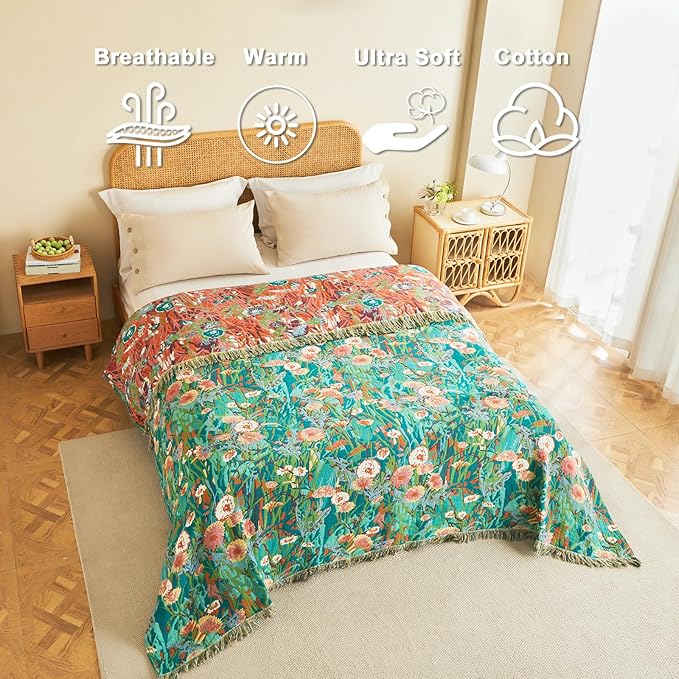 Cotton Boho Blanket Queen Size Soft Spring Lightweight Bed Quilt Floral Embroidery Blanket for Bedroom Living Room Home Decor Reversible Blankets 90"x90"