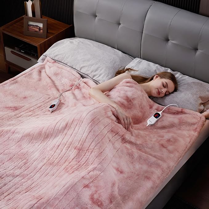 Guohaoi Heated Blanket Electric Throw, Soft Faux Rabbit Fur Electric Blanket with 10 Heating Levels 5 Sitting Timer Auto Off, Dual-Controller Heating Blankets, Machine Washable(84"×90" Pink)