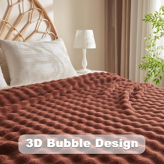 NEWCOSPLAY Queen Blanket for Couch Coffee Super Soft Flannel Fleece 3D Bubble Lightweight Bed Blanket All Season Use (Coffee, Queen(90"x90"))