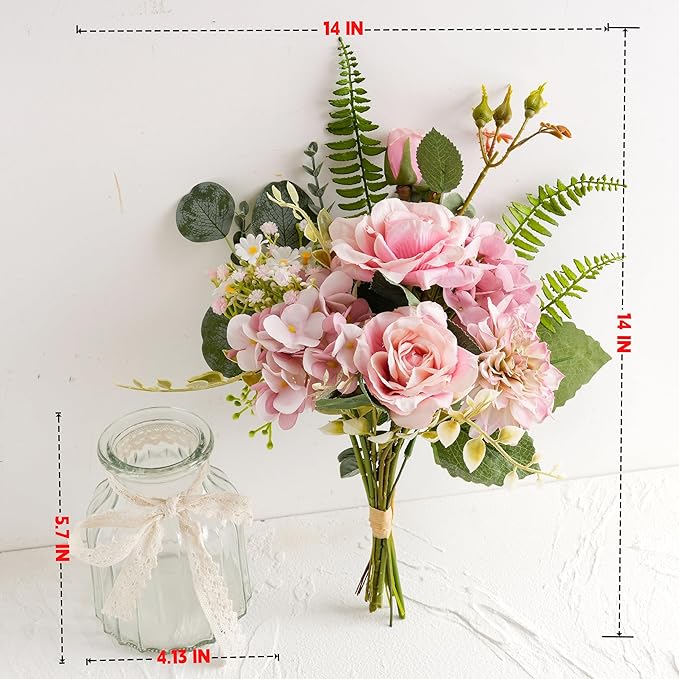 LUEUR Fake Flowers with Vase – Artificial Pink Dahlia & Hydrangea Arrangement, Spring Floral Centerpiece for Coffee Table, Dining Room, Living Room & Farmhouse Home Decor