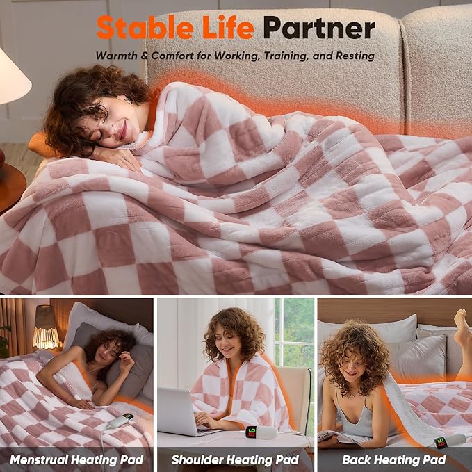 Light Pink Heated Blanket Electric Throw, 50X60 Heating Blanket with 10 Heat Levels & 8 Hours Auto Off for Lap, Checkered Plaid Soft Sherpa Blankets for Mom Grandma Women Couch